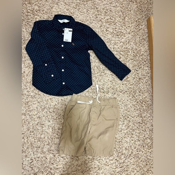 H&M boys long-sleeved navy blue polka-dot shirt and beige shorts - Picture 10 of 10